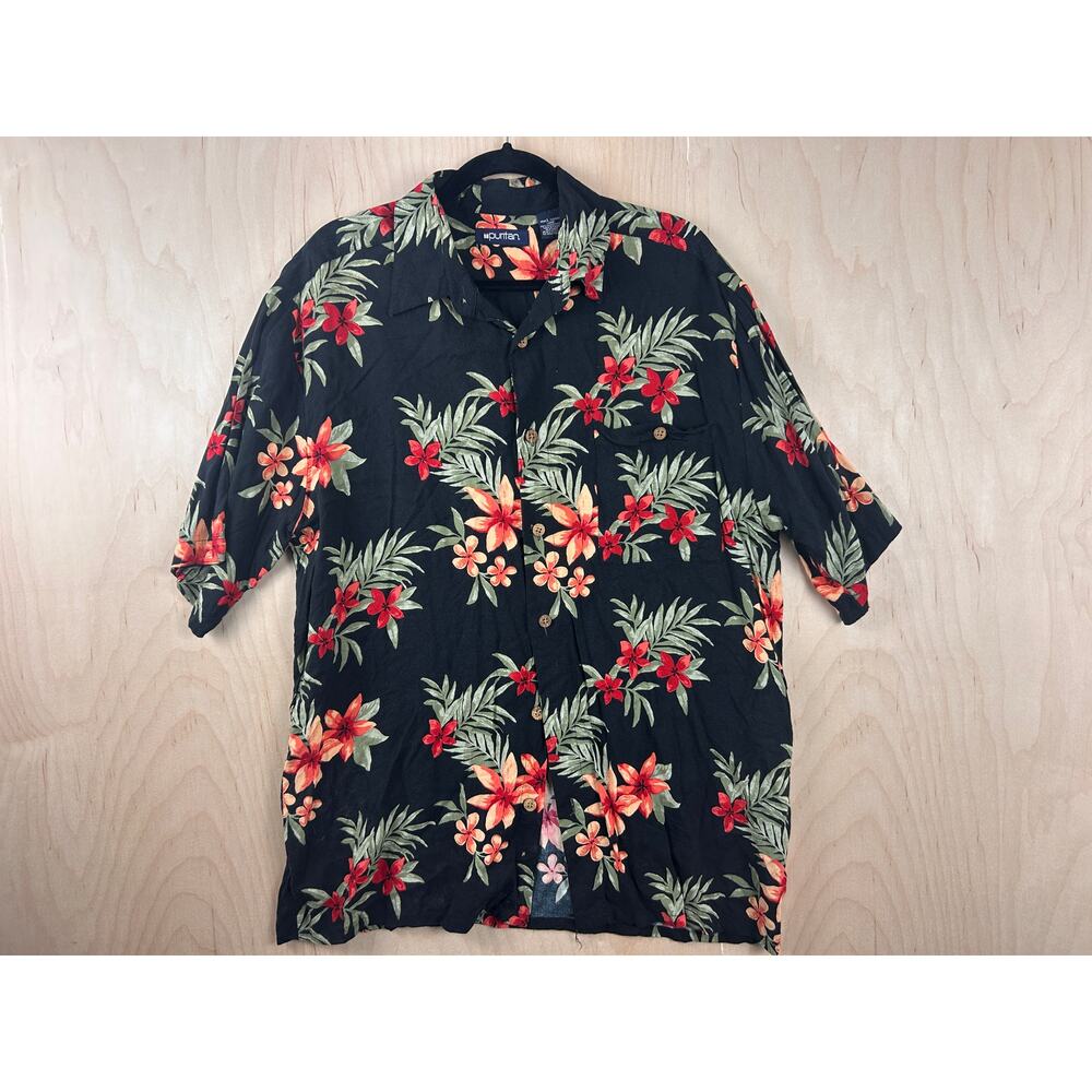 Puritan Men’s Hawaiian Shirt Black Floral Tropical Short Sleeve Size Large